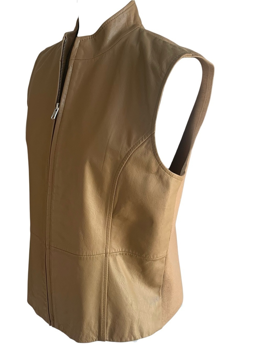 Peter Nygard Vest Genuine Leather Panel Silk Knit Back Vintage Old Money Camel M - Picture 6 of 10